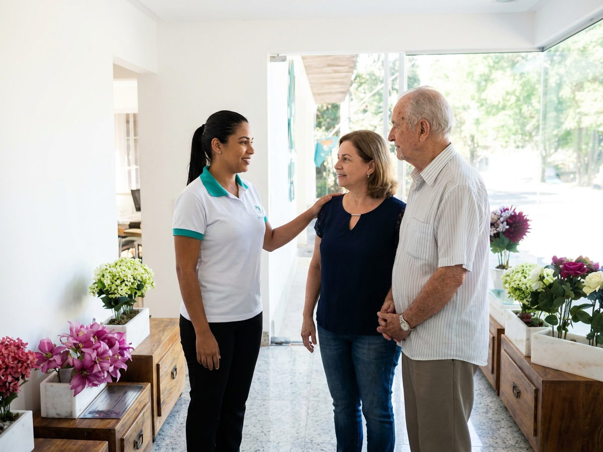 Atendente do Plano Vida acolhendo uma família na recepção